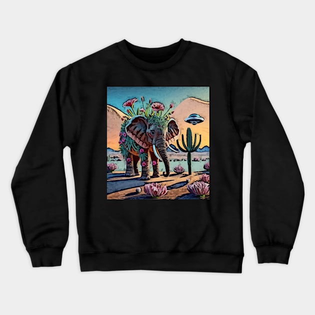 watercolor elephant cactus UFO fun Crewneck Sweatshirt by Catbrat